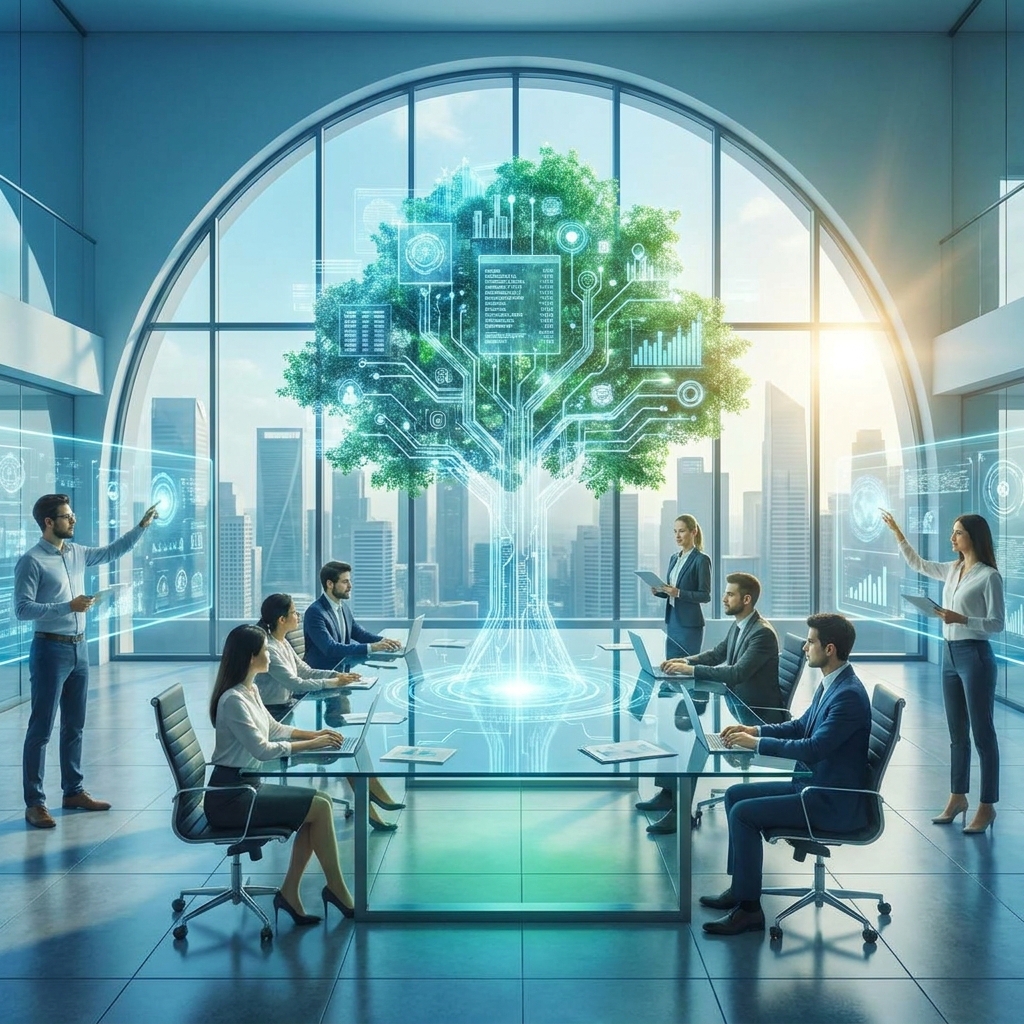 Team collaborating around a digital tree of ideas